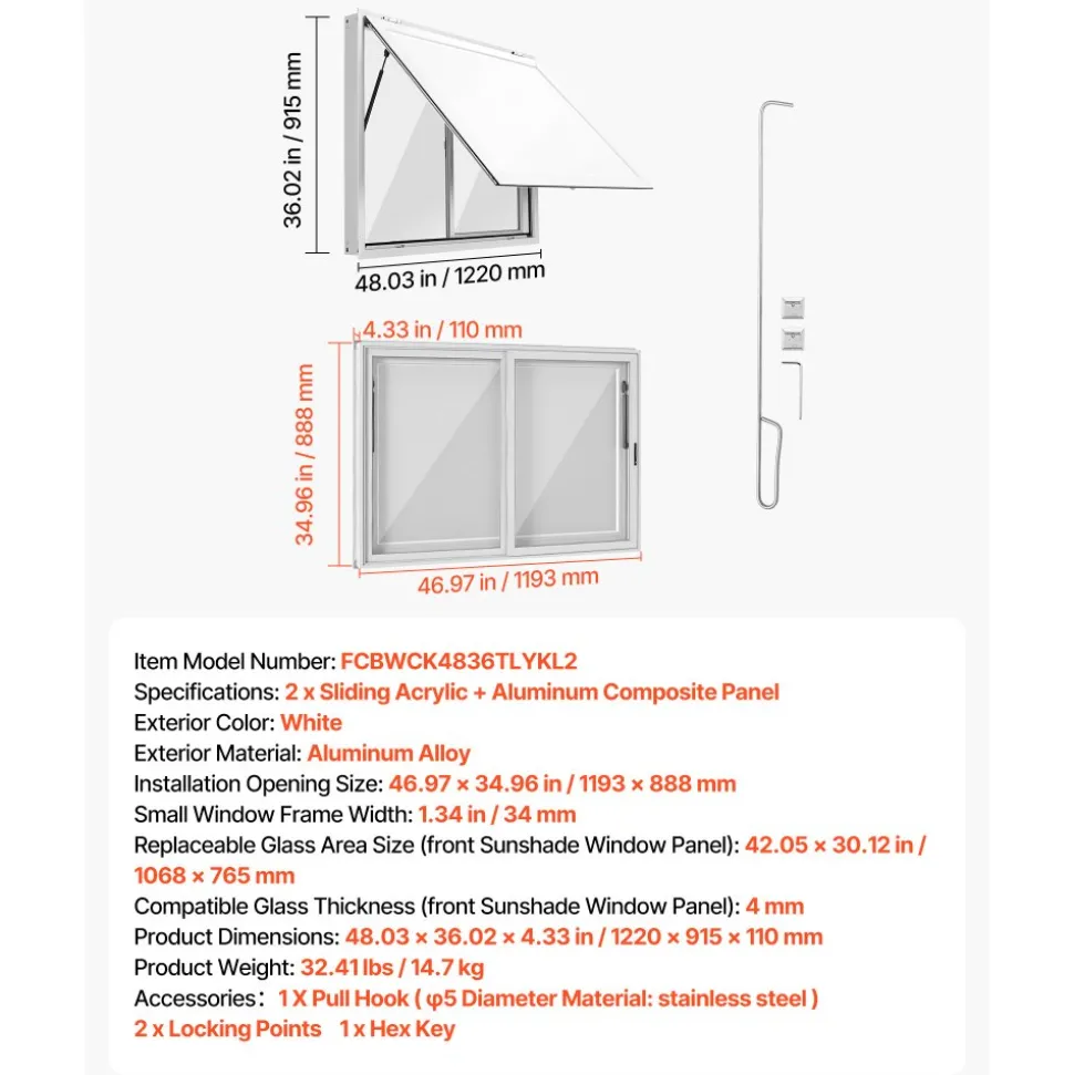 VEVOR Concession Window 48x36 in Aluminum Alloy Service Window, for Food Truck, Up to 85 Degrees Stand Serving with 2 Sliding Acrylic Windows, Awning Door and Drag Hook, Rainwater Resistant