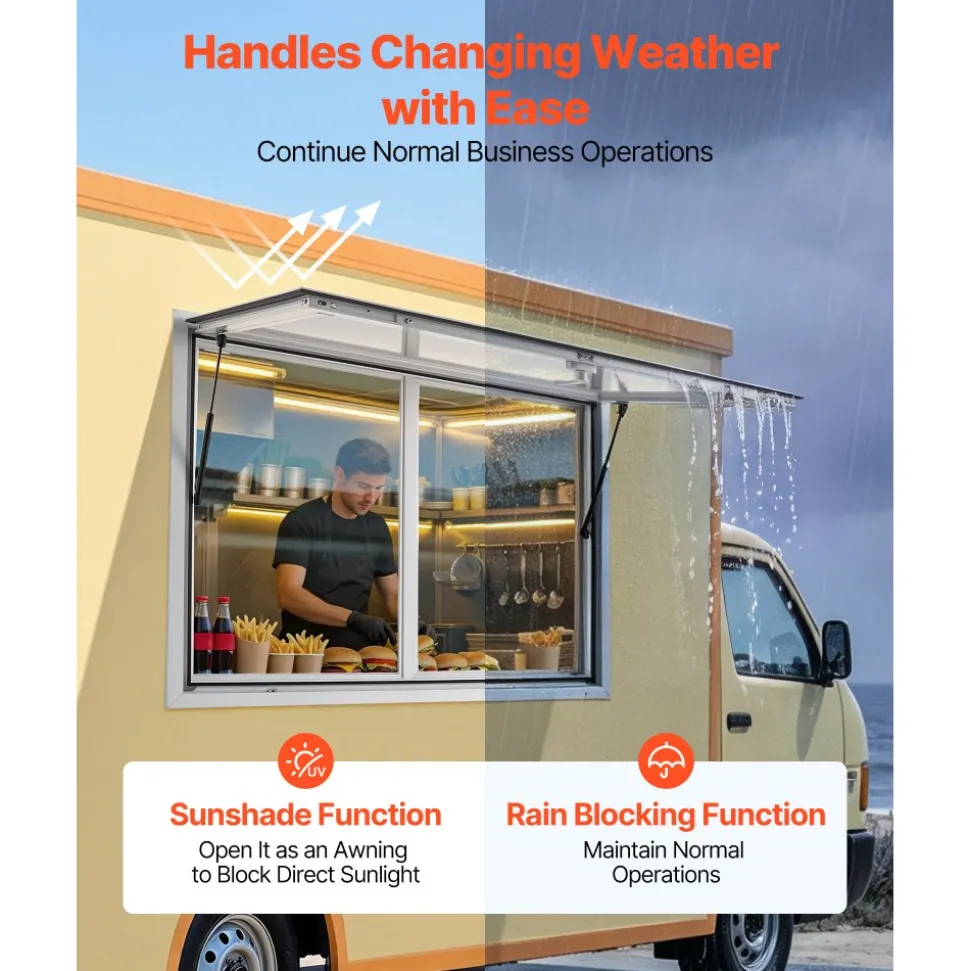 VEVOR Concession Window 48x36 in Aluminum Alloy Service Window, for Food Truck, Up to 85 Degrees Stand Serving with 2 Sliding Acrylic Windows, Awning Door and Drag Hook, Rainwater Resistant