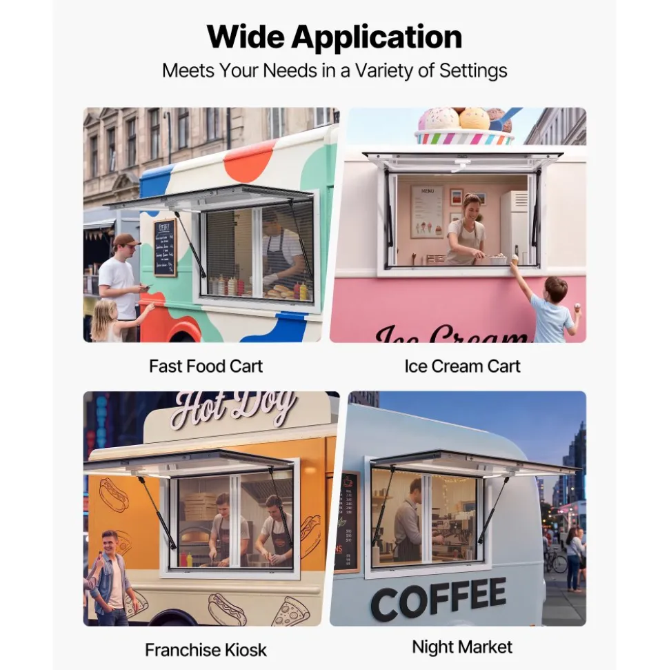VEVOR Concession Window 36x24 in Aluminum Alloy & Acrylic Service Window, for Food Truck, Up to 85 Degrees Stand Serving with 2 Sliding Screen Windows, Awning Door and Drag Hook, Rainwater Resistant