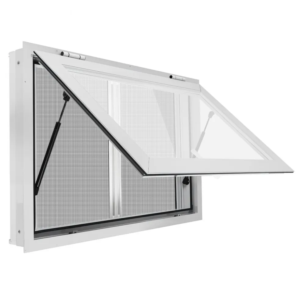 VEVOR Concession Window 36x24 in Aluminum Alloy & Acrylic Service Window, for Food Truck, Up to 85 Degrees Stand Serving with 2 Sliding Screen Windows, Awning Door and Drag Hook, Rainwater Resistant