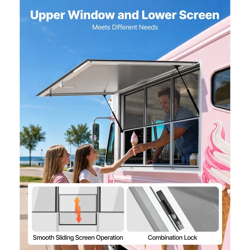 VEVOR Concession Window 64x40 in Aluminum Alloy Service Window, for Food Truck, Up to 85 Degrees Stand Serving with 3 Fixed & 3 Sliding Windows, Awning Door and Drag Hook, Rainwater Resistant