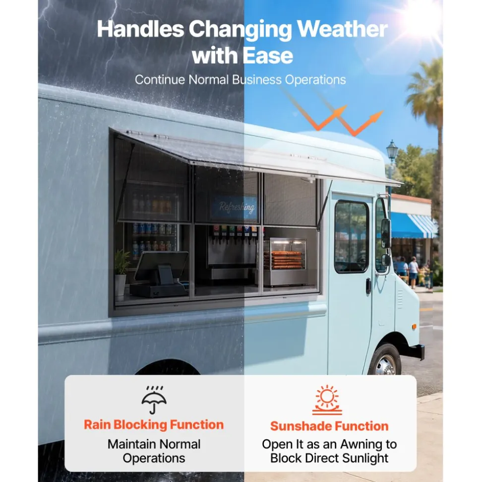 VEVOR Concession Window 64x40 in Aluminum Alloy Service Window, for Food Truck, Up to 85 Degrees Stand Serving with 3 Fixed & 3 Sliding Windows, Awning Door and Drag Hook, Rainwater Resistant