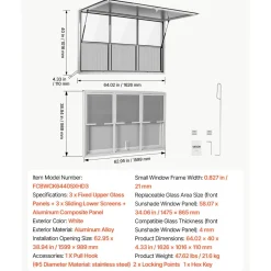VEVOR Concession Window 64x40 in Aluminum Alloy Service Window, for Food Truck, Up to 85 Degrees Stand Serving with 3 Fixed & 3 Sliding Windows, Awning Door and Drag Hook, Rainwater Resistant