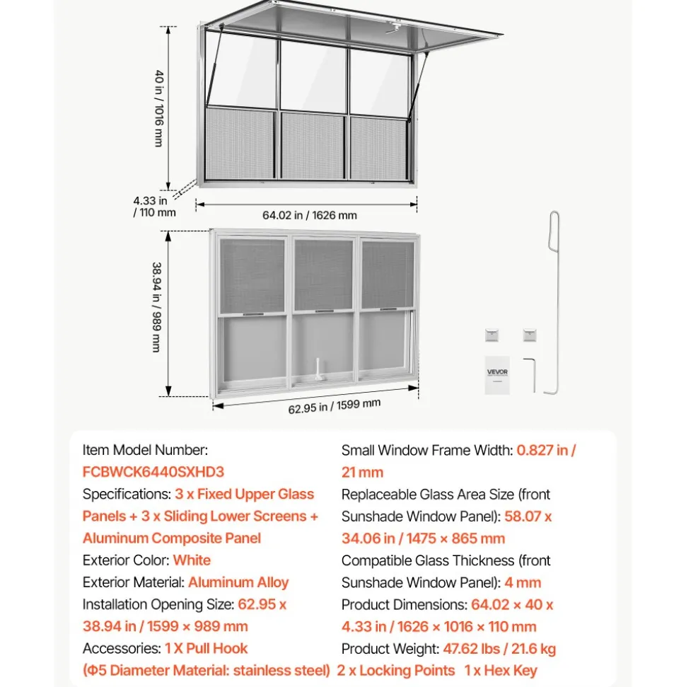 VEVOR Concession Window 64x40 in Aluminum Alloy Service Window, for Food Truck, Up to 85 Degrees Stand Serving with 3 Fixed & 3 Sliding Windows, Awning Door and Drag Hook, Rainwater Resistant