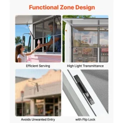 VEVOR Concession Window 64x40 in Aluminum Alloy Service Window, for Food Truck, Up to 85 Degrees Stand Serving with 3 Fixed & 3 Sliding Windows, Awning Door and Drag Hook, Rainwater Resistant