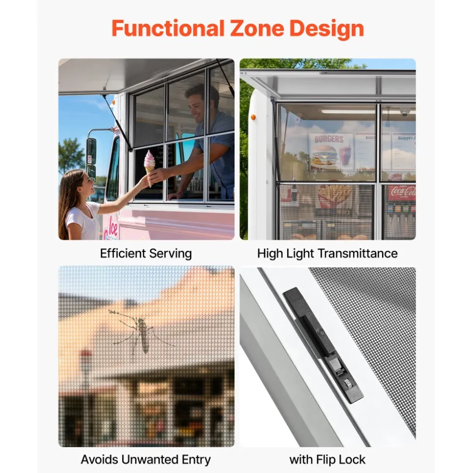 VEVOR Concession Window 64x40 in Aluminum Alloy Service Window, for Food Truck, Up to 85 Degrees Stand Serving with 3 Fixed & 3 Sliding Windows, Awning Door and Drag Hook, Rainwater Resistant