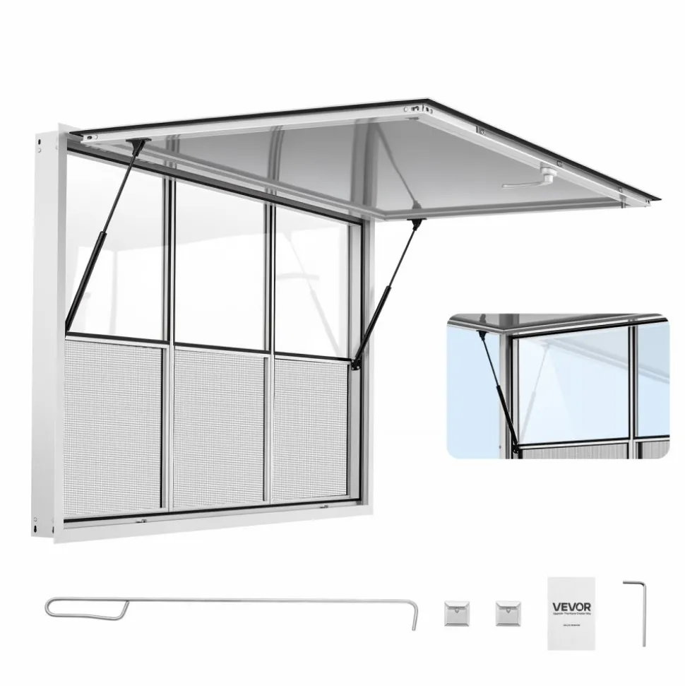 VEVOR Concession Window 64x40 in Aluminum Alloy Service Window, for Food Truck, Up to 85 Degrees Stand Serving with 3 Fixed & 3 Sliding Windows, Awning Door and Drag Hook, Rainwater Resistant