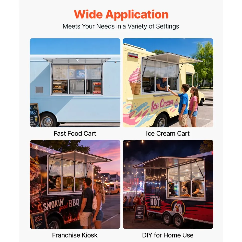 VEVOR Concession Window 64x40 in Aluminum Alloy Service Window, for Food Truck, Up to 85 Degrees Stand Serving with 3 Fixed & 3 Sliding Windows, Awning Door and Drag Hook, Rainwater Resistant