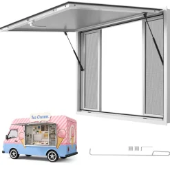 VEVOR Concession Window 48x36 in Aluminum Alloy Frame Service Window, for Food Truck, Up to 85 Degrees Stand Serving with 4 Sliding Screen Windows, Awning Door and Drag Hook, Rainwater Resistant