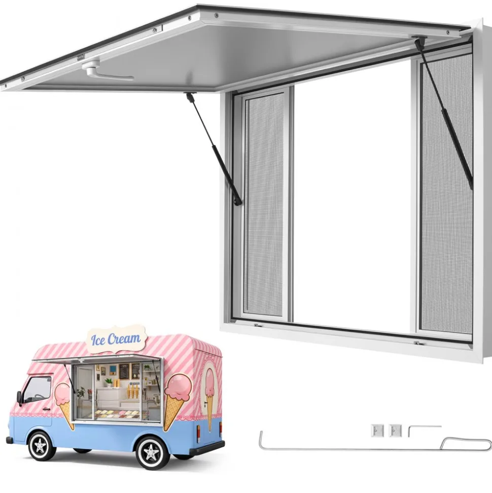 VEVOR Concession Window 48x36 in Aluminum Alloy Frame Service Window, for Food Truck, Up to 85 Degrees Stand Serving with 4 Sliding Screen Windows, Awning Door and Drag Hook, Rainwater Resistant
