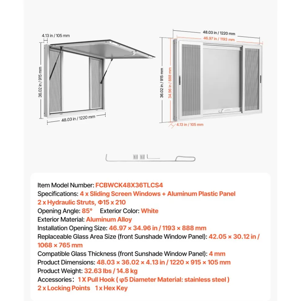VEVOR Concession Window 48x36 in Aluminum Alloy Frame Service Window, for Food Truck, Up to 85 Degrees Stand Serving with 4 Sliding Screen Windows, Awning Door and Drag Hook, Rainwater Resistant