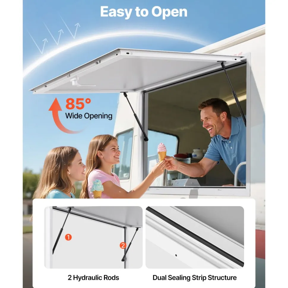 VEVOR Concession Window 60x36 in Aluminum Alloy Frame Service Window, for Food Truck, Up to 85 Degrees Stand Serving Windows with Awning Door and Drag Hook, Rainwater Resistant for Concession Trailer