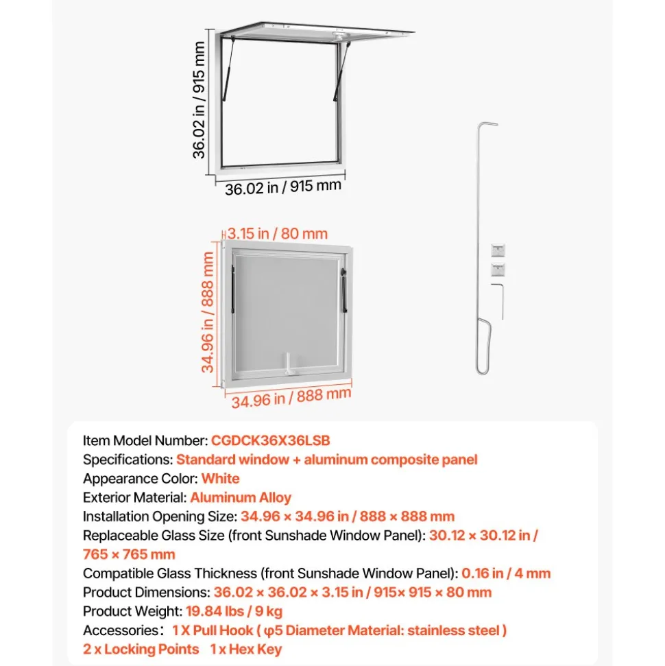 VEVOR Concession Window 36x36 in Aluminum Alloy Frame Service Window, for Food Truck, Up to 85 Degrees Stand Serving with Awning Door and Drag Hook, Rainwater Resistant for Concession Trailer