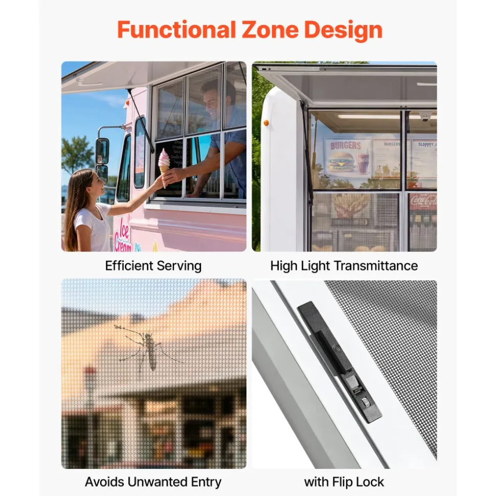 VEVOR Concession Window 60x36 in Aluminum Alloy Service Window, for Food Truck, Up to 85 Degrees Stand Serving with 3 Fixed & 3 Sliding Windows, Awning Door and Drag Hook, Rainwater Resistant