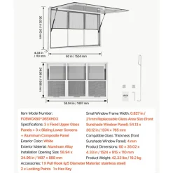 VEVOR Concession Window 60x36 in Aluminum Alloy Service Window, for Food Truck, Up to 85 Degrees Stand Serving with 3 Fixed & 3 Sliding Windows, Awning Door and Drag Hook, Rainwater Resistant