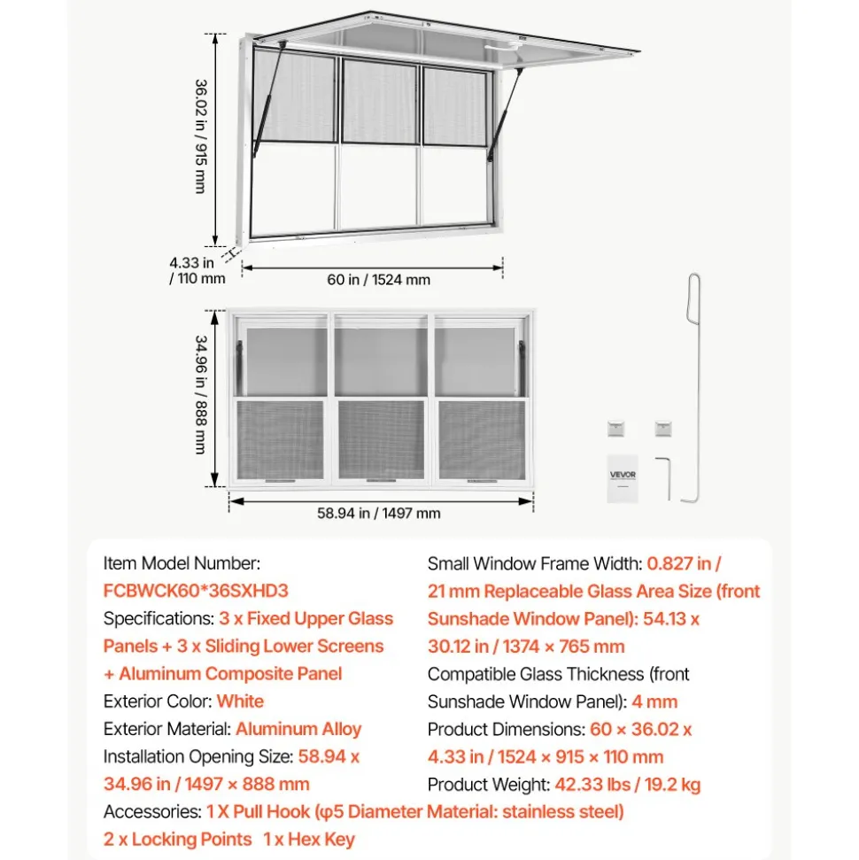 VEVOR Concession Window 60x36 in Aluminum Alloy Service Window, for Food Truck, Up to 85 Degrees Stand Serving with 3 Fixed & 3 Sliding Windows, Awning Door and Drag Hook, Rainwater Resistant