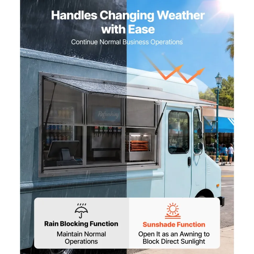 VEVOR Concession Window 60x36 in Aluminum Alloy Service Window, for Food Truck, Up to 85 Degrees Stand Serving with 3 Fixed & 3 Sliding Windows, Awning Door and Drag Hook, Rainwater Resistant