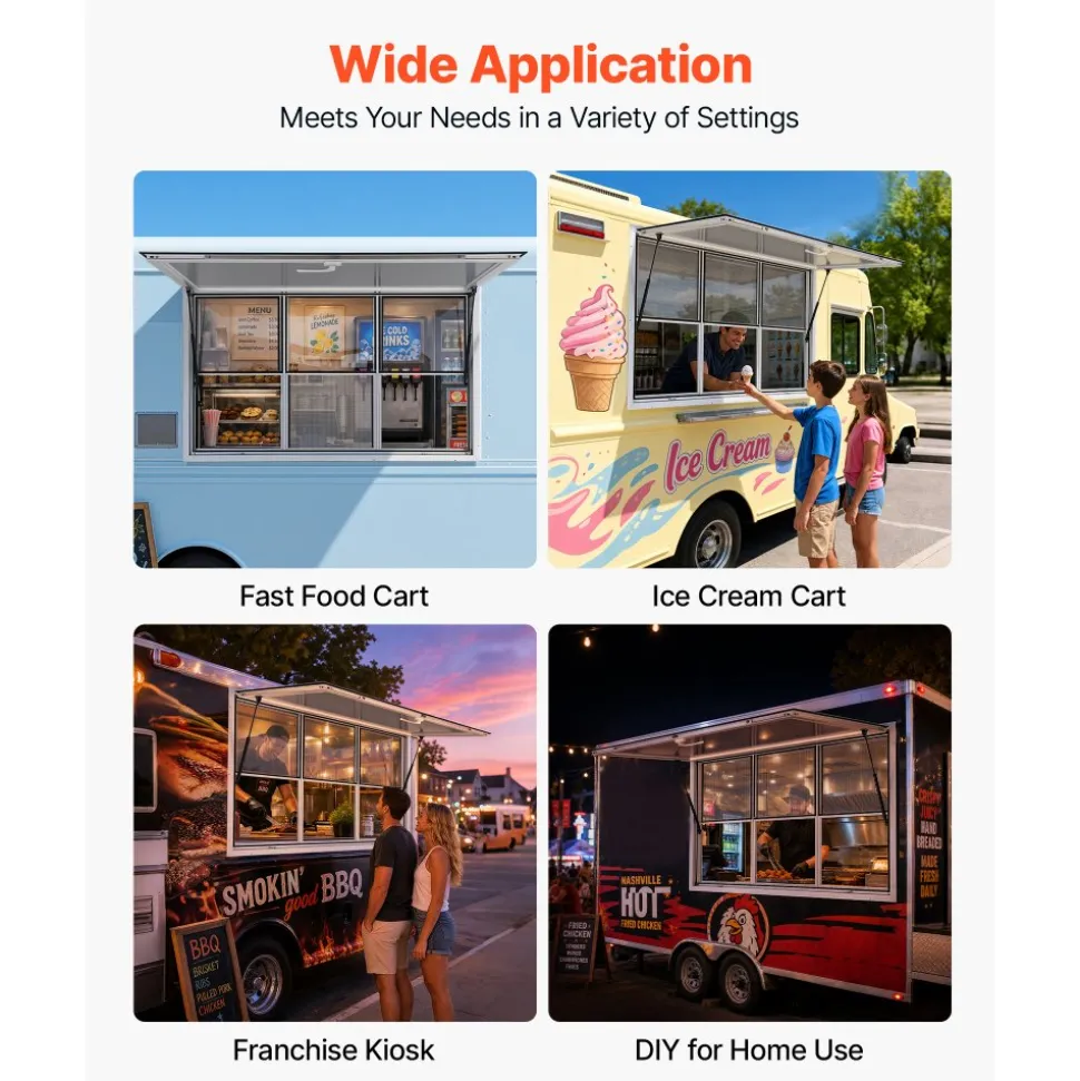 VEVOR Concession Window 60x36 in Aluminum Alloy Service Window, for Food Truck, Up to 85 Degrees Stand Serving with 3 Fixed & 3 Sliding Windows, Awning Door and Drag Hook, Rainwater Resistant