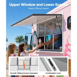 VEVOR Concession Window 60x36 in Aluminum Alloy Service Window, for Food Truck, Up to 85 Degrees Stand Serving with 3 Fixed & 3 Sliding Windows, Awning Door and Drag Hook, Rainwater Resistant