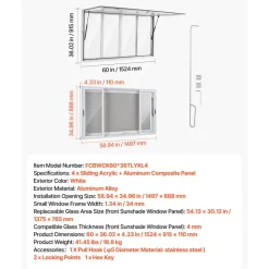 VEVOR Concession Window 60x36 in Aluminum Alloy Service Window, for Food Truck, Up to 85 Degrees Stand Serving with 4 Sliding Acrylic Windows, Awning Door and Drag Hook, Rainwater Resistant