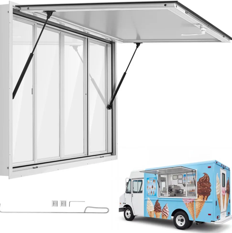 VEVOR Concession Window 60x36 in Aluminum Alloy Service Window, for Food Truck, Up to 85 Degrees Stand Serving with 4 Sliding Acrylic Windows, Awning Door and Drag Hook, Rainwater Resistant