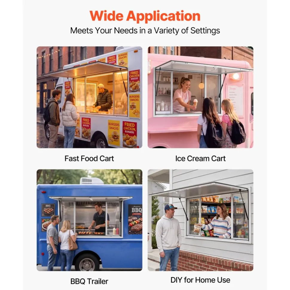VEVOR Concession Window 60x36 in Aluminum Alloy Service Window, for Food Truck, Up to 85 Degrees Stand Serving with 4 Sliding Acrylic Windows, Awning Door and Drag Hook, Rainwater Resistant
