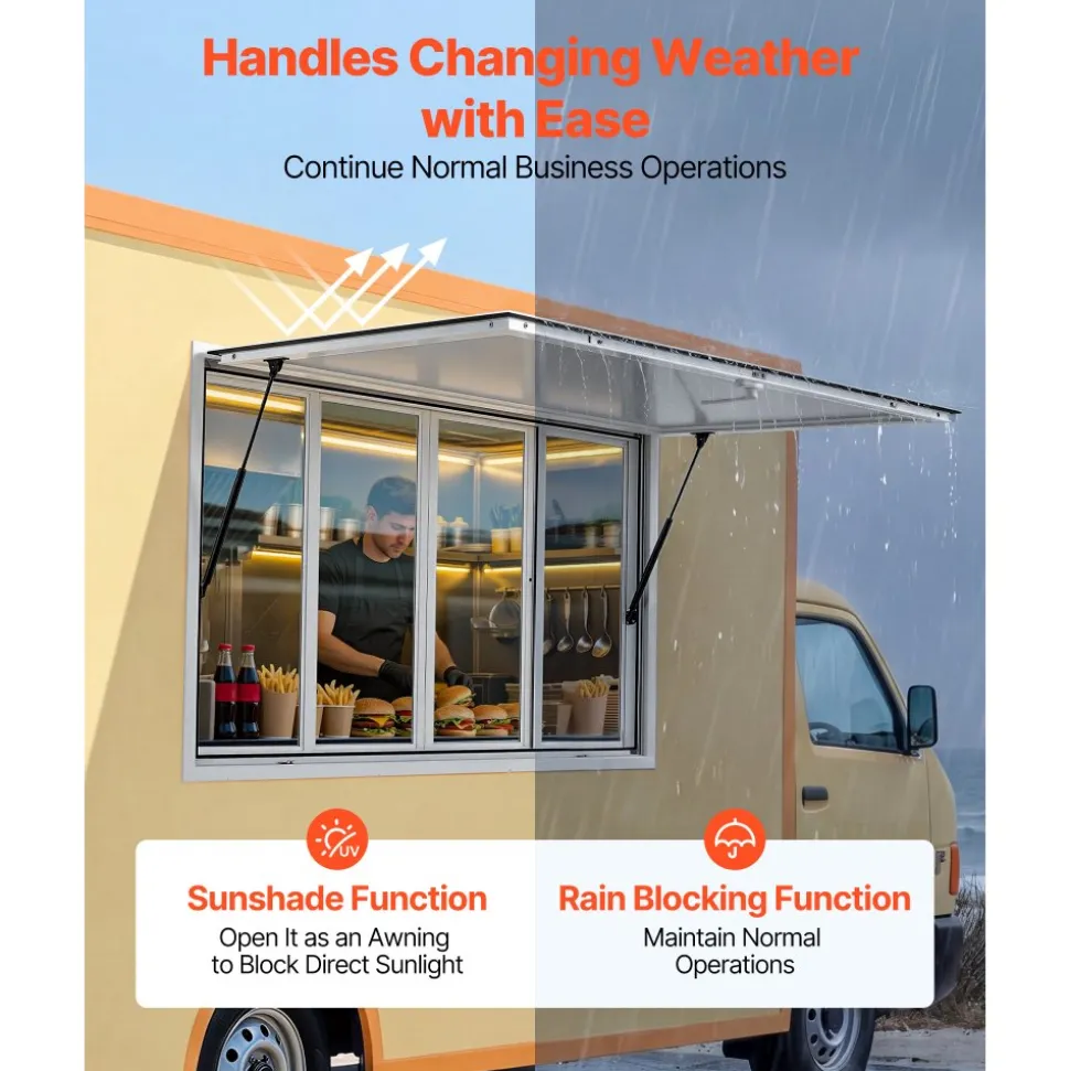 VEVOR Concession Window 60x36 in Aluminum Alloy Service Window, for Food Truck, Up to 85 Degrees Stand Serving with 4 Sliding Acrylic Windows, Awning Door and Drag Hook, Rainwater Resistant