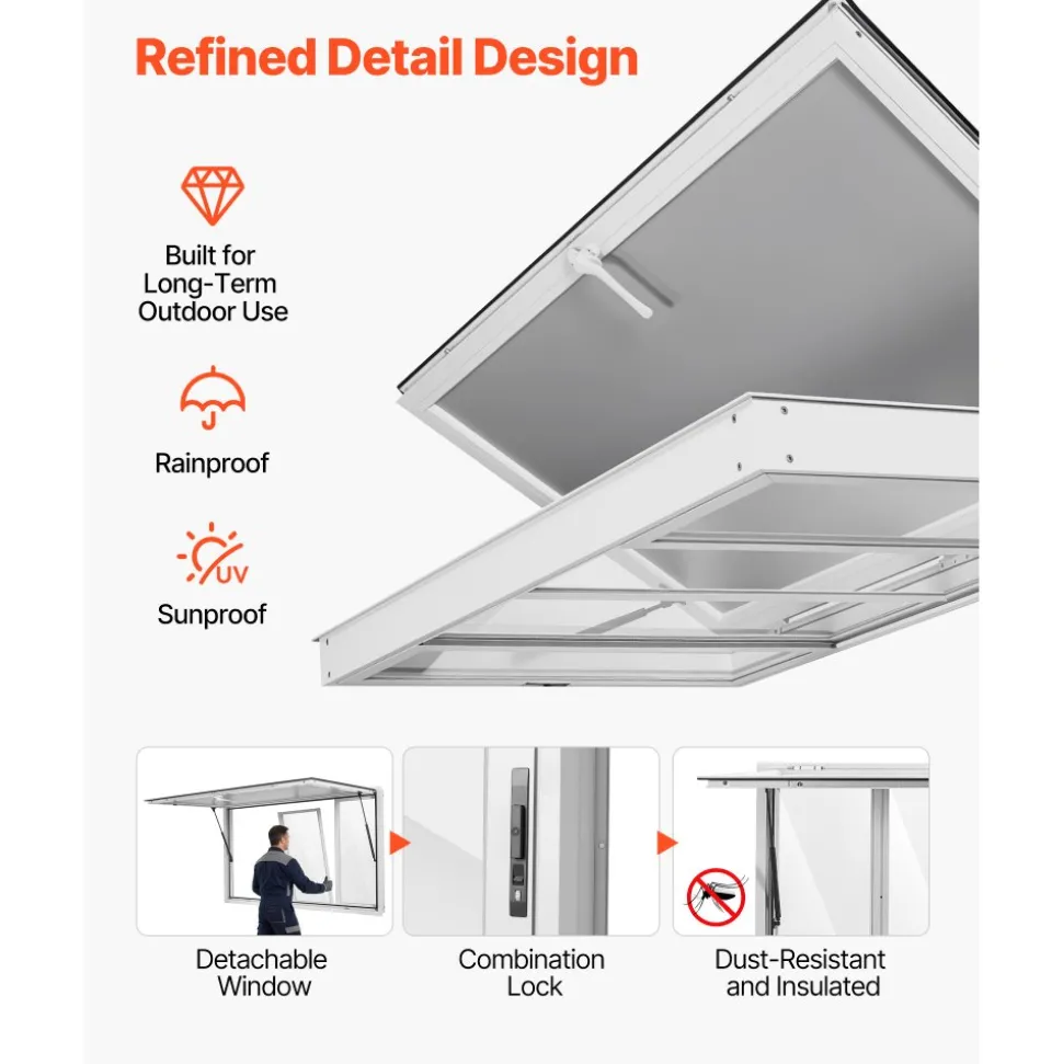 VEVOR Concession Window 60x36 in Aluminum Alloy Service Window, for Food Truck, Up to 85 Degrees Stand Serving with 4 Sliding Acrylic Windows, Awning Door and Drag Hook, Rainwater Resistant