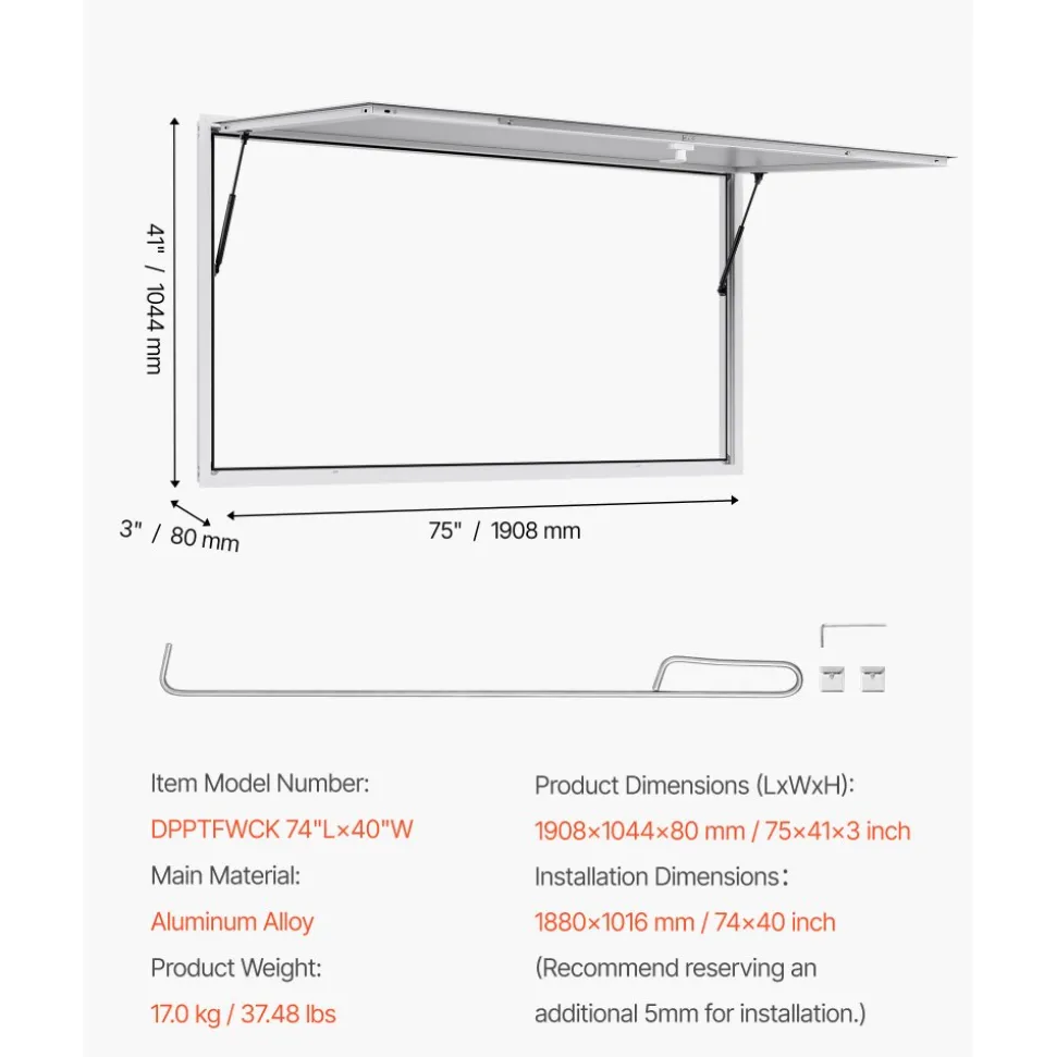 VEVOR Concession Window 74x40 in, Aluminum Alloy Frame Service Window for Food Truck, Up to 85 Degrees Stand Serving Window with Awning Door and Drag Hook, Rainwater Resistant for Concession Trailers