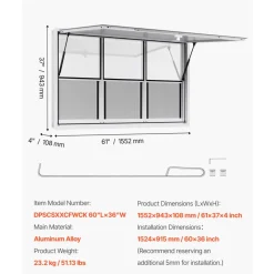 VEVOR Concession Window 60x36 in, Aluminum Alloy Service Window for Food Truck, Up to 85 Degrees Stand Serving Window with 3 Sliding Windows, Awning Door, and Drag Hook, for Concession Trailers