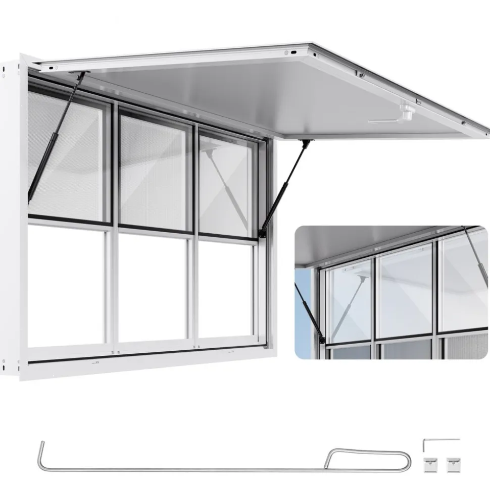 VEVOR Concession Window 60x36 in, Aluminum Alloy Service Window for Food Truck, Up to 85 Degrees Stand Serving Window with 3 Sliding Windows, Awning Door, and Drag Hook, for Concession Trailers
