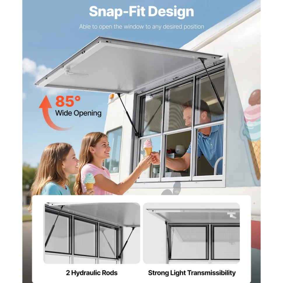 VEVOR Concession Window 60x36 in, Aluminum Alloy Service Window for Food Truck, Up to 85 Degrees Stand Serving Window with 3 Sliding Windows, Awning Door, and Drag Hook, for Concession Trailers