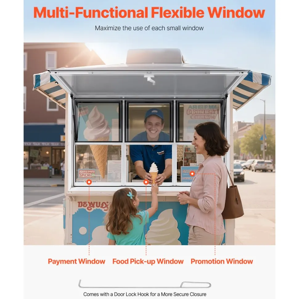 VEVOR Concession Window 60x36 in, Aluminum Alloy Service Window for Food Truck, Up to 85 Degrees Stand Serving Window with 3 Sliding Windows, Awning Door, and Drag Hook, for Concession Trailers
