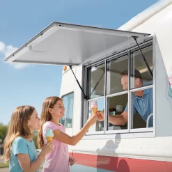 VEVOR Concession Window 60x36 in, Aluminum Alloy Service Window for Food Truck, Up to 85 Degrees Stand Serving Window with 3 Sliding Windows, Awning Door, and Drag Hook, for Concession Trailers