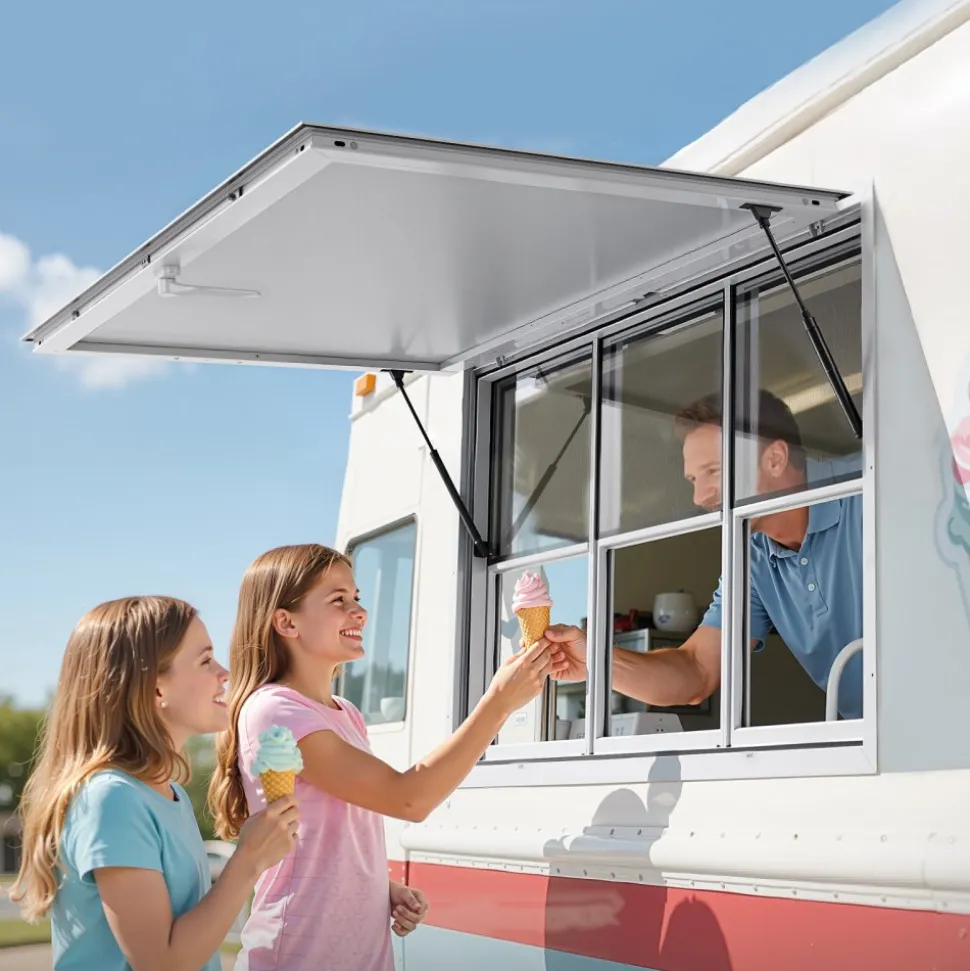 VEVOR Concession Window 60x36 in, Aluminum Alloy Service Window for Food Truck, Up to 85 Degrees Stand Serving Window with 3 Sliding Windows, Awning Door, and Drag Hook, for Concession Trailers