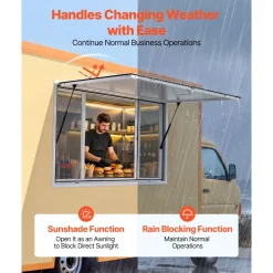 VEVOR Concession Window 60x36 in Aluminum Alloy Frame Service Window, for Food Truck, Up to 85 Degrees Stand Serving with 4 Sliding Screen Windows, Awning Door and Drag Hook, Rainwater Resistant