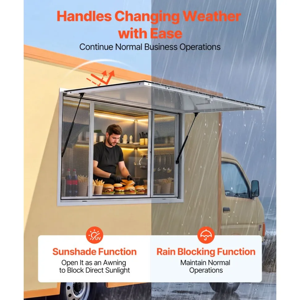 VEVOR Concession Window 60x36 in Aluminum Alloy Frame Service Window, for Food Truck, Up to 85 Degrees Stand Serving with 4 Sliding Screen Windows, Awning Door and Drag Hook, Rainwater Resistant