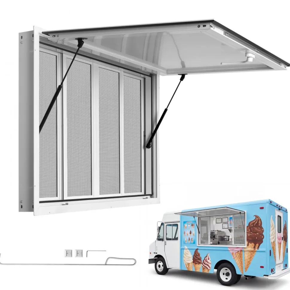 VEVOR Concession Window 60x36 in Aluminum Alloy Frame Service Window, for Food Truck, Up to 85 Degrees Stand Serving with 4 Sliding Screen Windows, Awning Door and Drag Hook, Rainwater Resistant