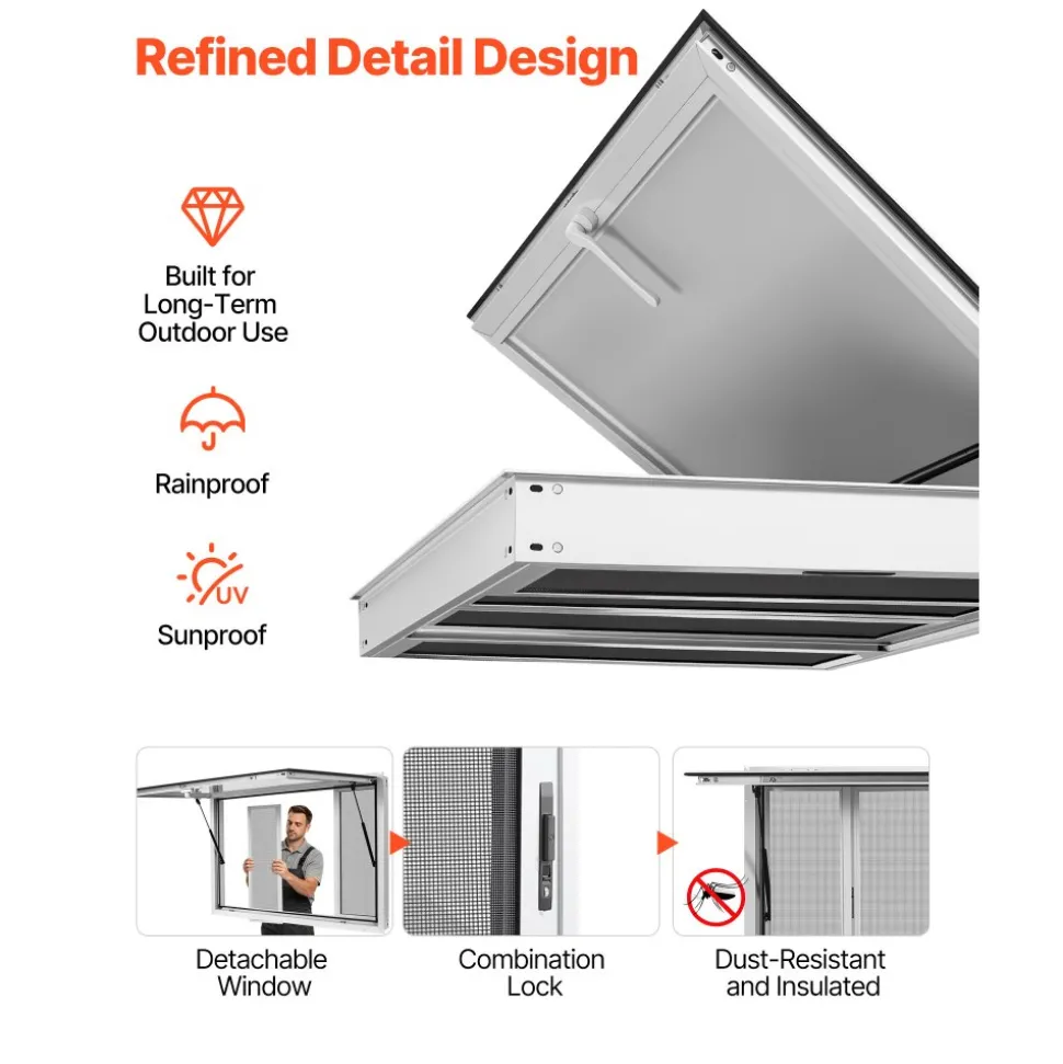 VEVOR Concession Window 60x36 in Aluminum Alloy Frame Service Window, for Food Truck, Up to 85 Degrees Stand Serving with 4 Sliding Screen Windows, Awning Door and Drag Hook, Rainwater Resistant