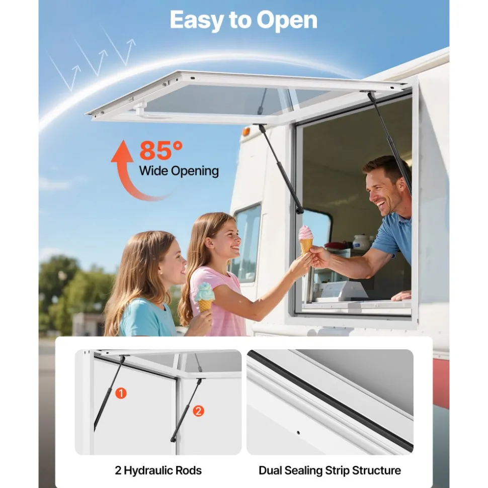 VEVOR Concession Window 36x36 in, Aluminum Alloy Frame Service Window for Food Truck, Up to 85 Degrees Stand Serving Window with Awning Door and Drag Hook, Rainwater Resistant for Concession Trailers
