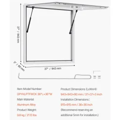VEVOR Concession Window 36x36 in, Aluminum Alloy Frame Service Window for Food Truck, Up to 85 Degrees Stand Serving Window with Awning Door and Drag Hook, Rainwater Resistant for Concession Trailers
