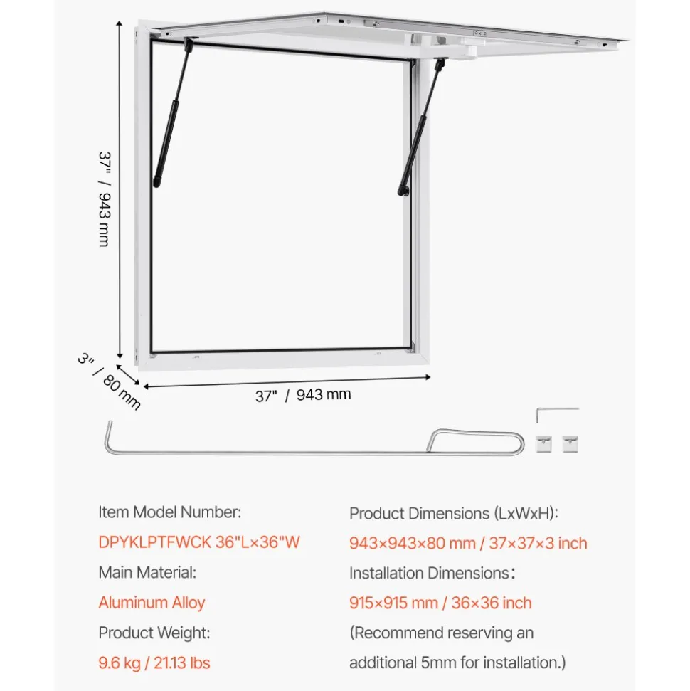 VEVOR Concession Window 36x36 in, Aluminum Alloy Frame Service Window for Food Truck, Up to 85 Degrees Stand Serving Window with Awning Door and Drag Hook, Rainwater Resistant for Concession Trailers
