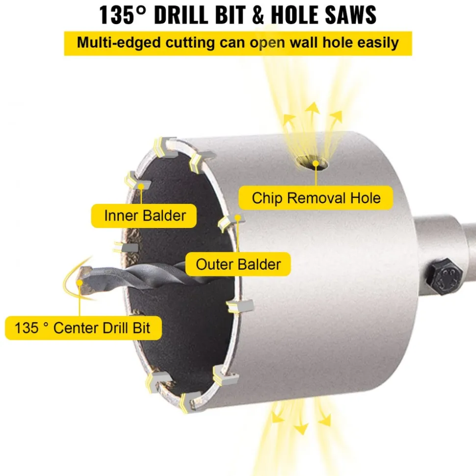 VEVOR Concrete Hole Saw Kit, 1-2/11", 1-3/5", 2-9/16", 3-5/32", 3-15/16" Drill Bit Set SDS Plus & SDS MAX Shank Wall Hole Cutter with a 4-1/3" Connecting Rod for Concrete, Cement, Stone Wall, Ma