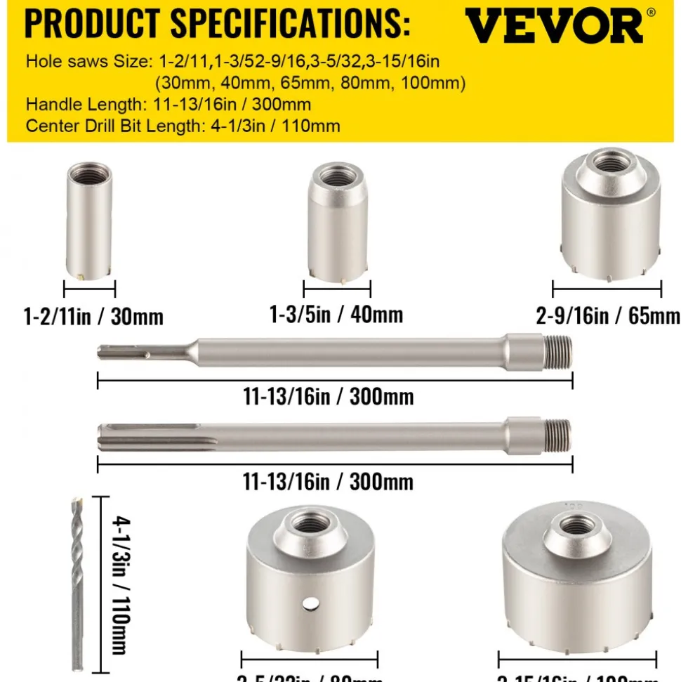 VEVOR Concrete Hole Saw Kit, 1-2/11", 1-3/5", 2-9/16", 3-5/32", 3-15/16" Drill Bit Set SDS Plus & SDS MAX Shank Wall Hole Cutter with a 4-1/3" Connecting Rod for Concrete, Cement, Stone Wall, Ma