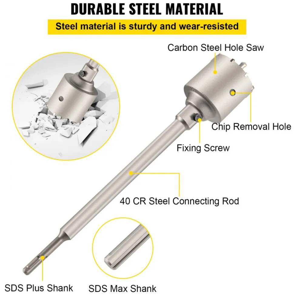 VEVOR Concrete Hole Saw Kit, 1-2/11", 1-3/5", 2-9/16", 3-5/32", 3-15/16" Drill Bit Set SDS Plus & SDS MAX Shank Wall Hole Cutter with a 4-1/3" Connecting Rod for Concrete, Cement, Stone Wall, Ma