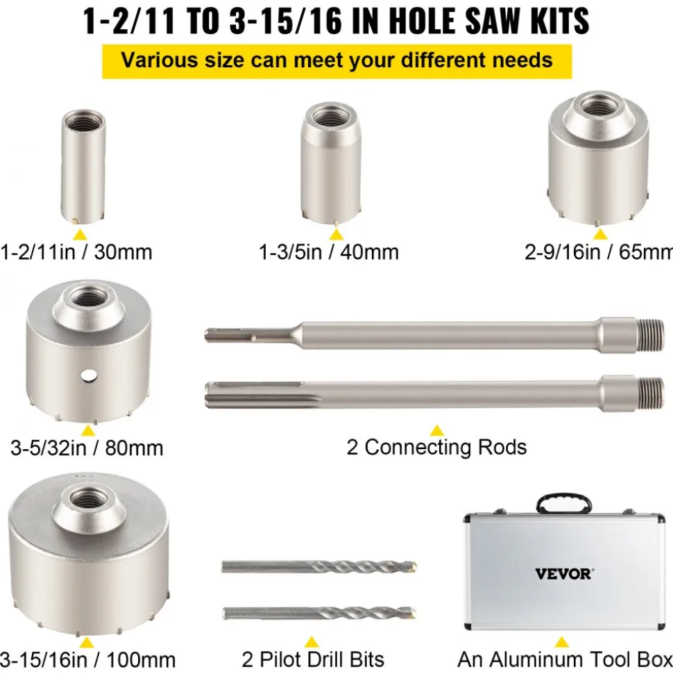 VEVOR Concrete Hole Saw Kit, 1-2/11", 1-3/5", 2-9/16", 3-5/32", 3-15/16" Drill Bit Set SDS Plus & SDS MAX Shank Wall Hole Cutter with a 4-1/3" Connecting Rod for Concrete, Cement, Stone Wall, Ma
