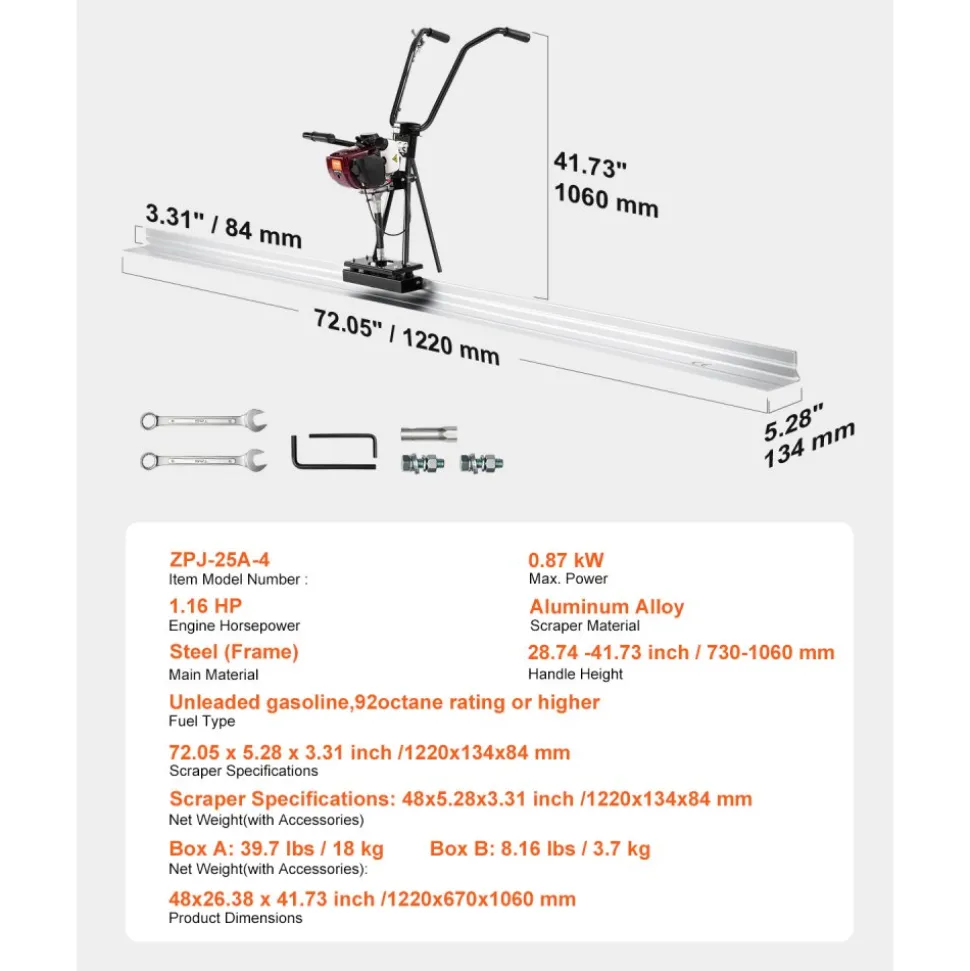 VEVOR Concrete Power Screed, 4 ft Aluminum Board Straight Edge Bar Set, 4 Stroke Cement Finishing Vibrating Motor with Height Adjustable Handles, High Efficient Concrete Tool 6500RPM