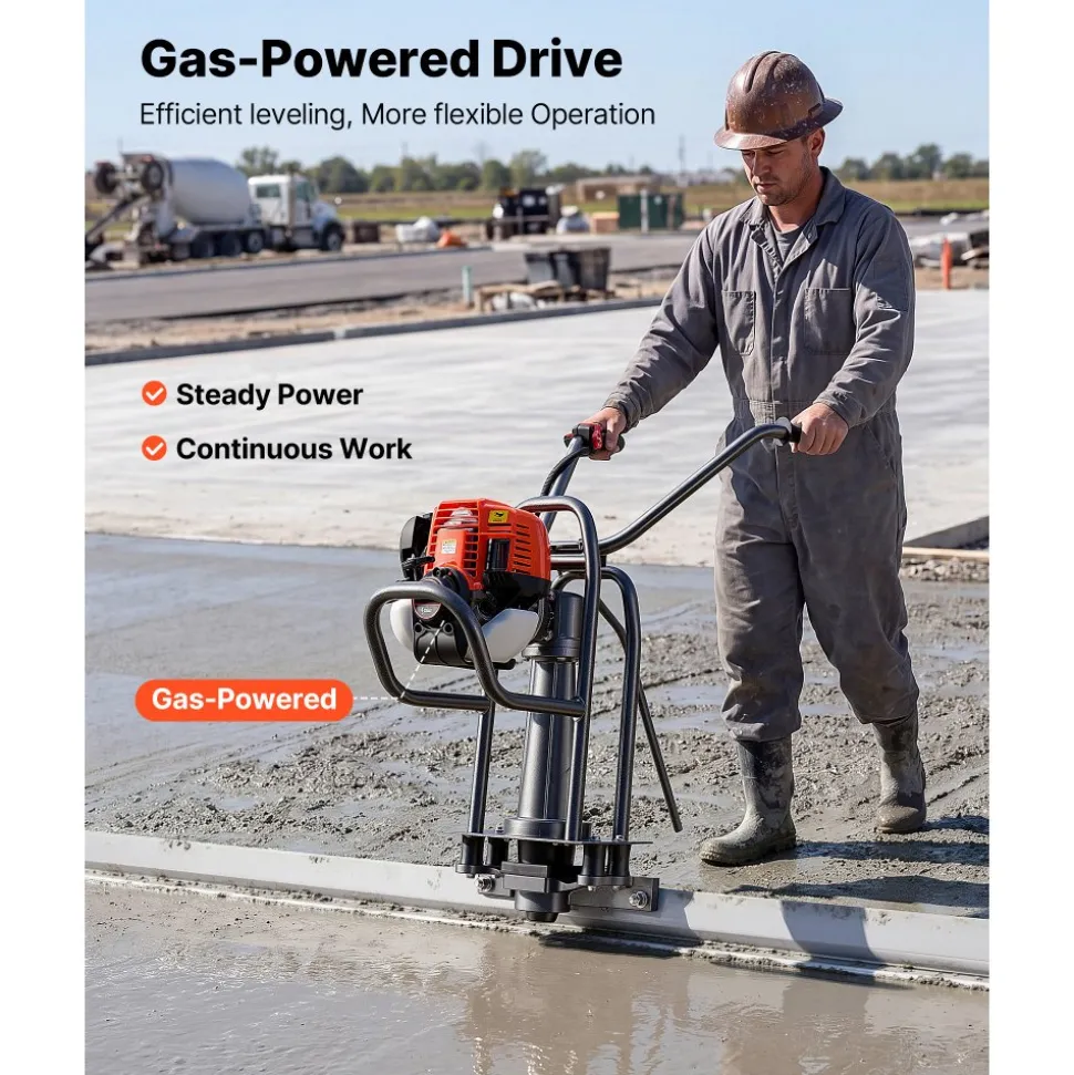 VEVOR Concrete Power Screed Gas-Powered Leveling Tool 12 ft Aluminum Board, 1.16HP Engine, 4 Stroke Vibrating Screed, Handle Height Adjustable, Support Legs for Patio, Driveway, Floor Finishing