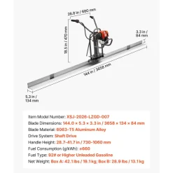 VEVOR Concrete Power Screed Gas-Powered Leveling Tool 12 ft Aluminum Board, 1.16HP Engine, 4 Stroke Vibrating Screed, Handle Height Adjustable, Support Legs for Patio, Driveway, Floor Finishing