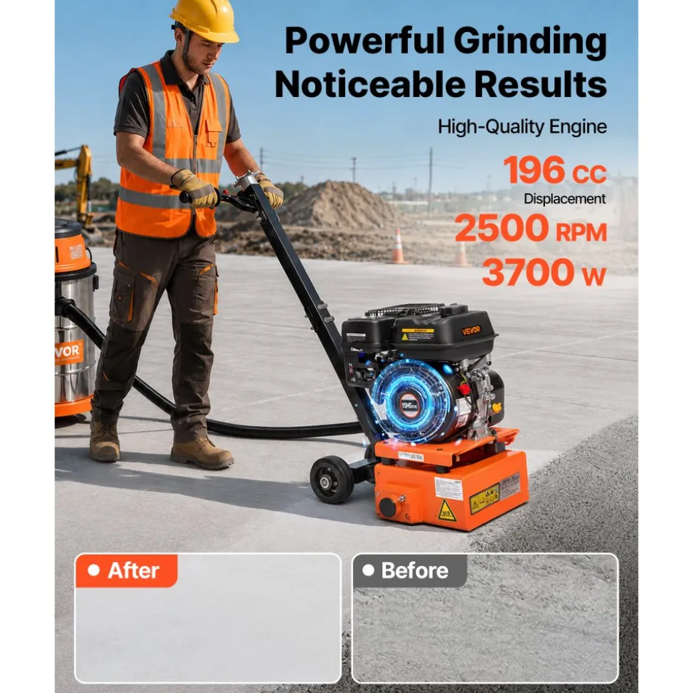 VEVOR Concrete Scarifier, 3700W 2500 RPM Walk-Behind Floor Planer Grinder, Carbide Cutters, 1/8 in Adjustable Depth, Vacuum Port for Surface Preparation, Traffic Line Removal, Pavement, Floor Repair